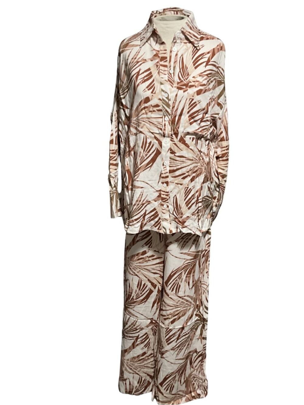 Palm Leaf Print Rayon Shirt Wide Leg Pant Set NWT Boho chic Resortwear S cruise